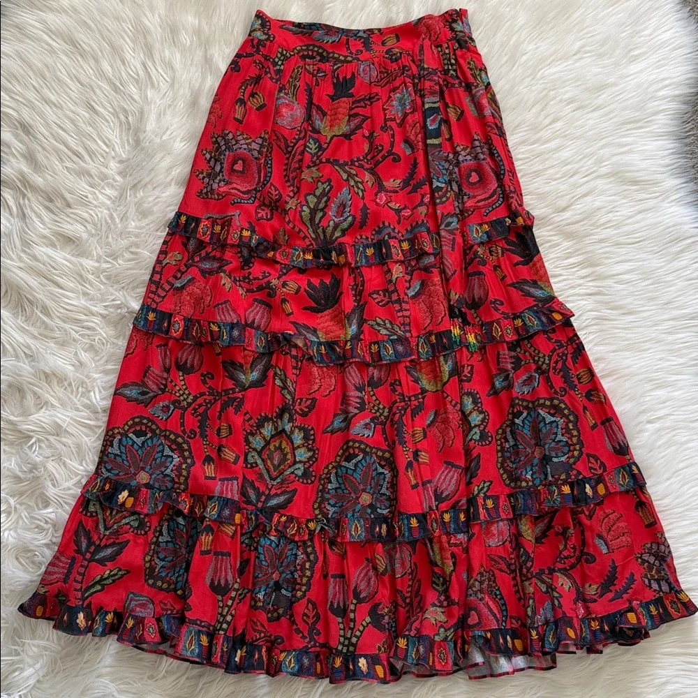 NWT!!! FARM Rio Floral Red Maxi Tiered Skirt Size M - Picture 5 of 13